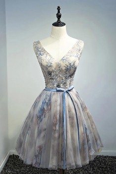 Vintage Beaded Floral Short Party Dress V-neck With Sash - MDS17068