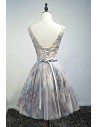 Vintage Beaded Floral Short Party Dress V-neck With Sash - MDS17068