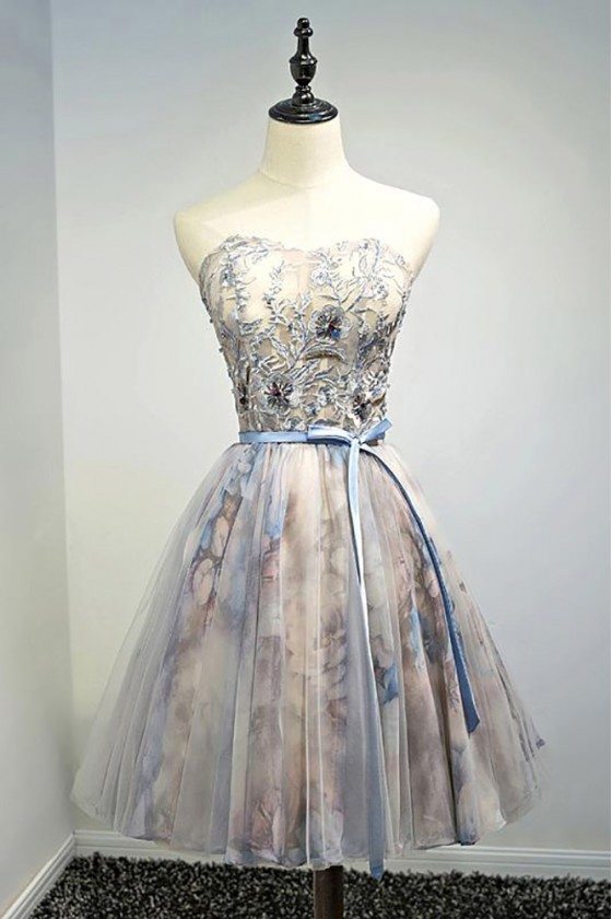 Beaded Floral Strapless Short Formal Party Dress With Sash - MDS17069