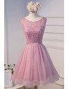 Pink Round Neck Beaded Short Homecoming Party Dress With Beading - MDS17070