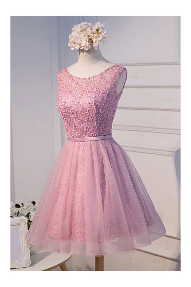 Pink Round Neck Beaded Short Homecoming Party Dress With Beading - $108 ...