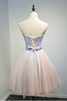 Blue With Pink Short Party Dress Sweetheart With Sash - MDS17073