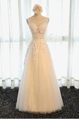 Gorgeous Champagne Long Lace Formal Prom Dress A Line Sleeveless - MDS17075