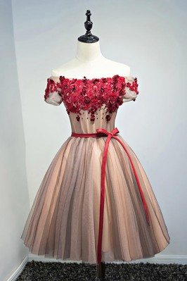 Unique Off Shoulder Sleeve Short Prom Party Dress With Flowers - MDS17077