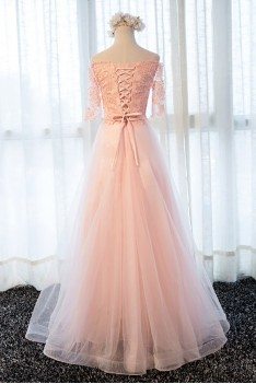 Gorgeous Long Pink Tulle A Line Prom Dress Off The Shoulder With Sleeves - MDS17081