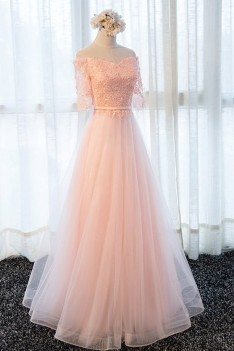 Gorgeous Long Pink Tulle A Line Prom Dress Off The Shoulder With Sleeves - MDS17081