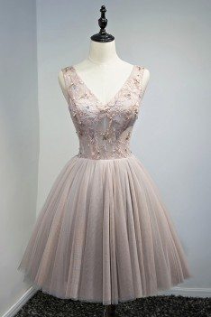 Vintage Dusty Pink V-neck Short Prom Homecoming Dress With Beading - MDS17111