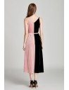 Black And Pink Velvet Tea Length Formal Dress V Neck With Sash - DK402