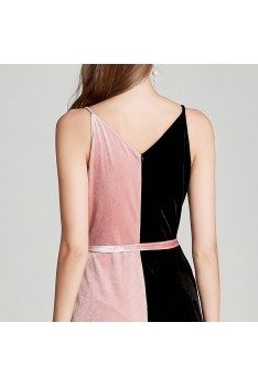 Black And Pink Velvet Tea Length Formal Dress V Neck With Sash - DK402