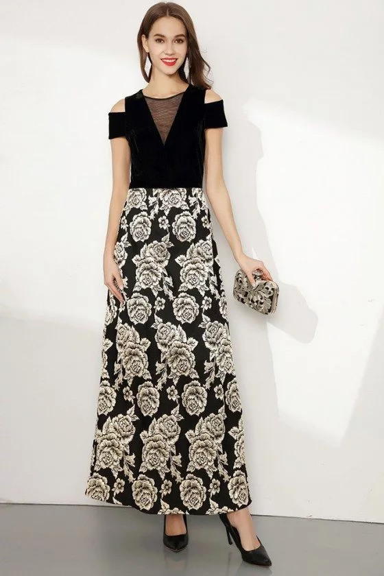 Embroidery Floral Black Long Formal Dress With Cold Shoulder - CK767