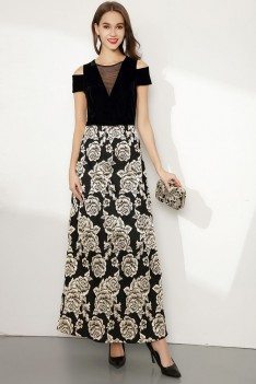 Embroidery Floral Black Long Formal Dress With Cold Shoulder - CK767