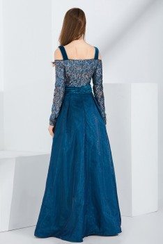 Blue Velvet Slit Sequined Formal Dress With Off Shoulder Long Sleeves - CK771