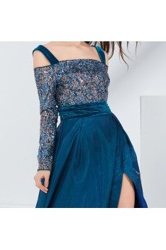 Blue Velvet Slit Sequined Formal Dress With Off Shoulder Long Sleeves - CK771