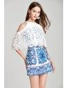 Blue And White Cape Lace Cocktail Party Dress In Cold Shoulder - DK406