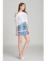 Blue And White Cape Lace Cocktail Party Dress In Cold Shoulder - DK406