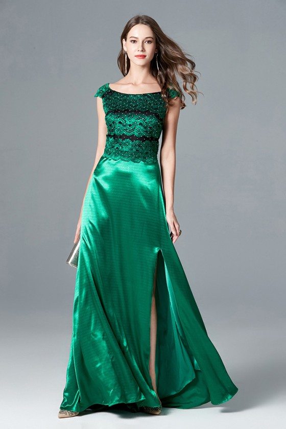 Split Long Green Cap Sleeve Formal Dress With Lace Beading Bodice - $70 ...
