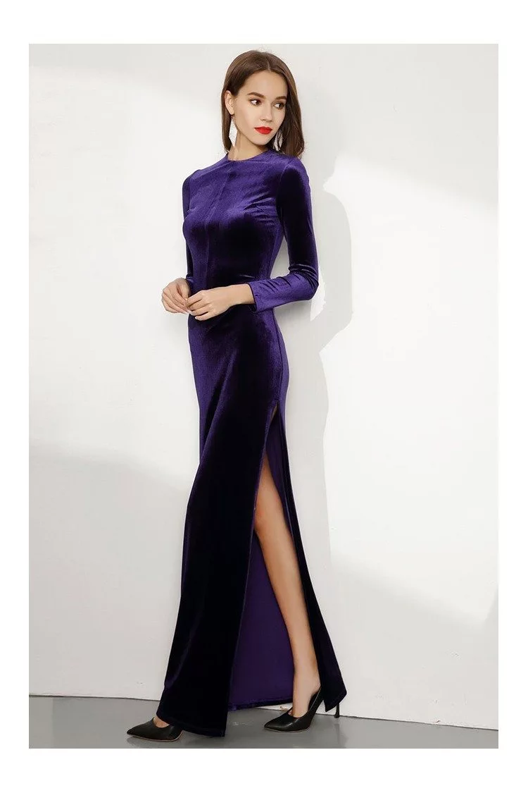 Long Purple Sleeved Fitted Velvet Evening Dress With Side Slit - $77.08 ...
