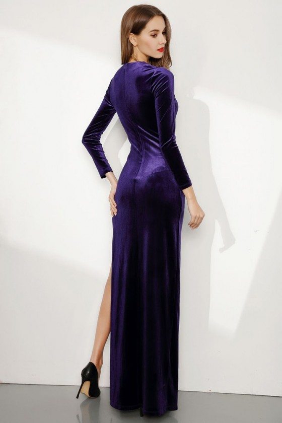 Long Purple Sleeved Fitted Velvet Evening Dress With Side Slit 82