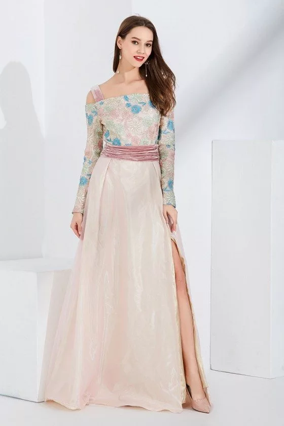 Unique Pink Embroidery Velvet Formal Dress With Off Shoulder Long Sleeves - $95 #CK772 - SheProm.com