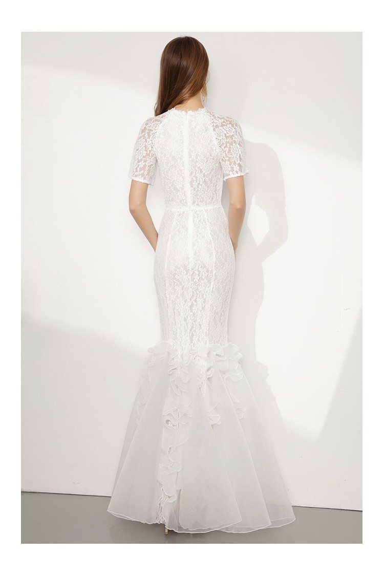 Modest Mermaid White Lace Prom Dress Long With Short Sleeves - $85 # ...