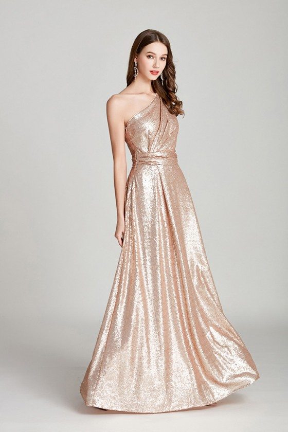 Sparkly Pleated Long Gold Sequin Prom Dress In One Shoulder 95 