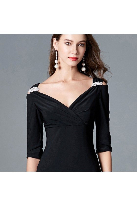 Elegant Black Long Slit V Neck Evening Dress With Beaded Straps Sleeves ...