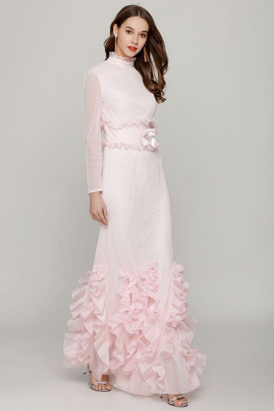 Light Pink Fishtail Fitted Prom Dress With High Neck Long Sleeves - $87 ...