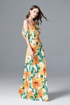 Long Yellow Floral Printed Party Dress With Off Shoulder Sleeves - CK790