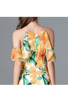 Long Yellow Floral Printed Party Dress With Off Shoulder Sleeves - CK790