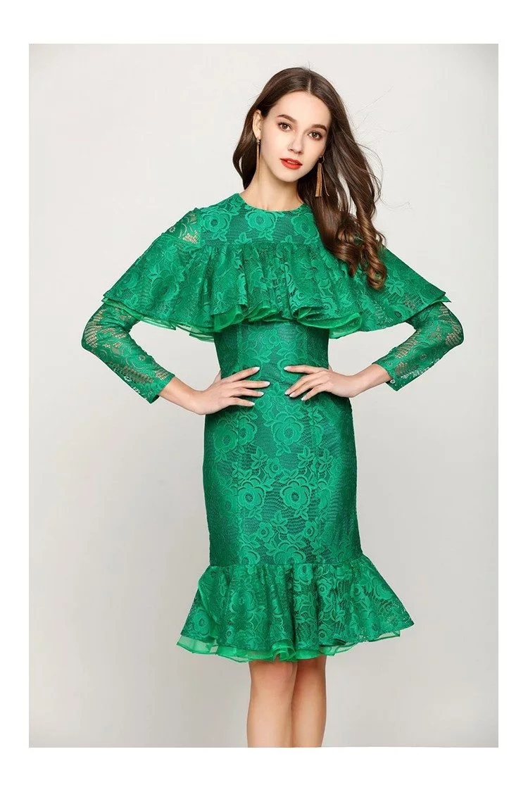 Green Short Mermaid Lace Prom Dress With Ruched Sleeves - $78 #DK390 ...