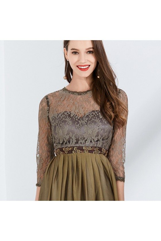 Beaded Waist Chiffon Long Brown Party Dress With Lace Bodice Sleeves
