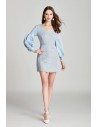 Blue Lace Cotton Short Prom Dress V Neck With Long Bubble Sleeves - DK409