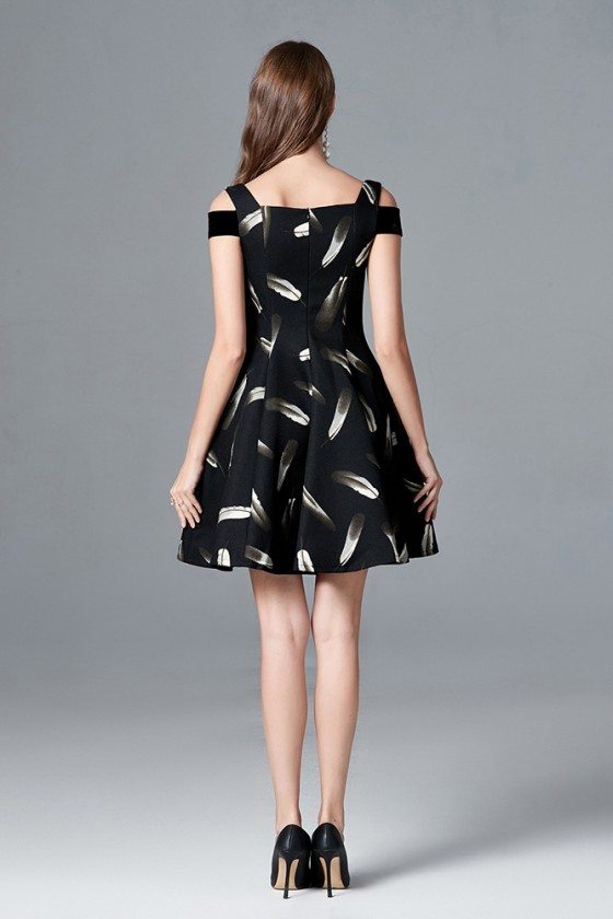 Feather Printed A Line Black Short Party Dress With Cold Shoulder - $58 ...