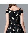 Feather Printed A Line Black Short Party Dress With Cold Shoulder - DK412