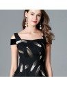 Feather Printed A Line Black Short Party Dress With Cold Shoulder - DK412