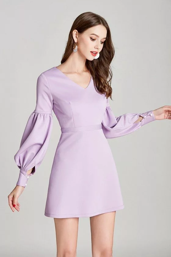 Simple V Neck Short Lilac Cotton Prom Dress With Long Bubble Sleeves ...