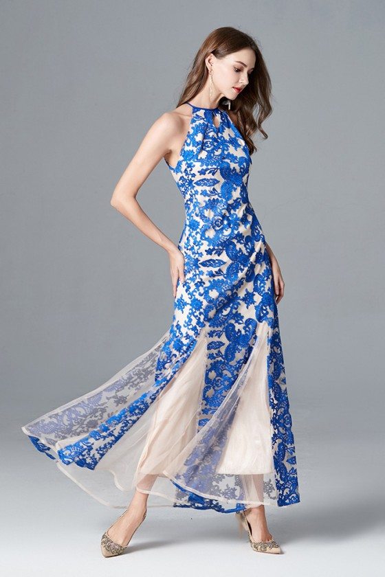 Feminine Halter Neck Blue Lace Evening Dress With Long Slit - $90 # ...