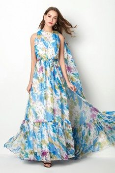 Beautiful Floral Print Blue Formal Prom Dress With Long Cape - CK775