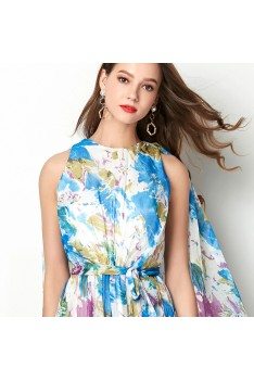 Beautiful Floral Print Blue Formal Prom Dress With Long Cape - CK775