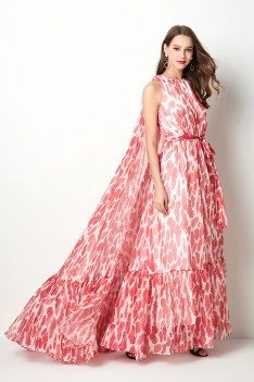 Unique Chiffon Printed Red Long Prom Dress With Puffy Cape Train - CK774