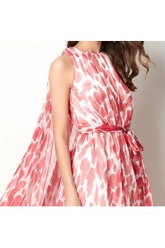 Unique Chiffon Printed Red Long Prom Dress With Puffy Cape Train - CK774