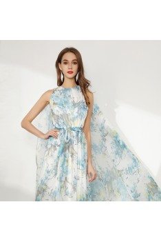 Chiffon Long Floral Printed Blue Prom Dress For Formal Occasion - CK768