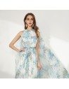 Chiffon Long Floral Printed Blue Prom Dress For Formal Occasion - CK768