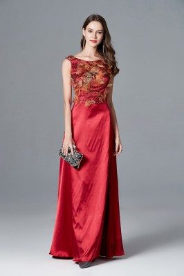 Split Red Round Neck Evening Dress Long With Sequin Bodice - CK797