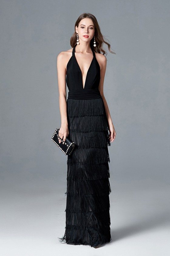 Sexy Fringes Layered Black Long Prom Dress With Deep V