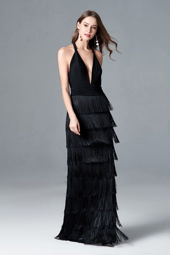 Sexy Fringes Layered Black Long Prom Dress With Deep V Halter Neck - $87 #CK787 - SheProm.com