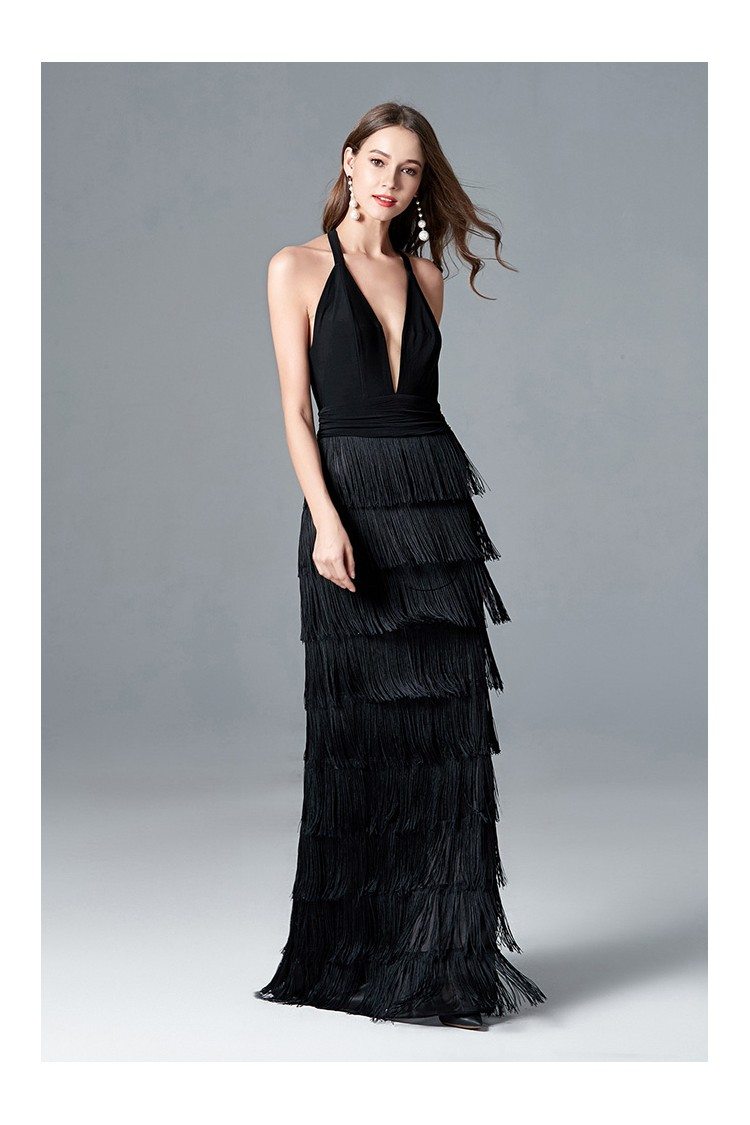 Sexy Fringes Layered Black Long Prom Dress With Deep V Halter Neck ...