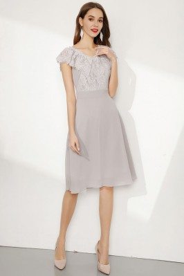 Knee Length Grey Cap Sleeve Prom Dress With Falbala Lace Neck - DK393