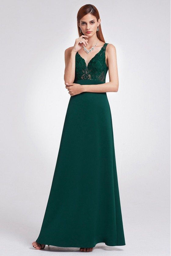 A Line Dark Green Long Evening Dress With Lace Bodice 64 EP07190DG