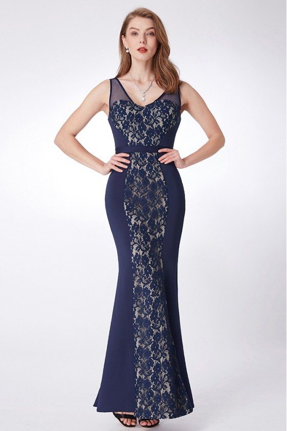 Navy Blue Long Lace Marmaid Evening Dress Fitted Sweetheart - $57.34 # ...